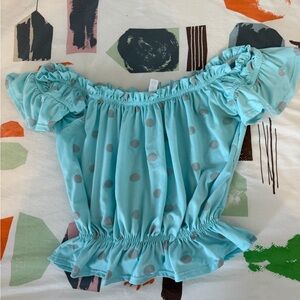 Aqua teal blue stretchy Polka Dot Off-Shoulder scrunch Top